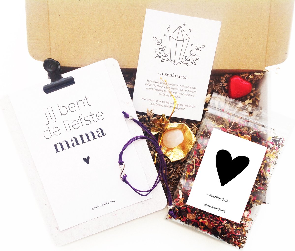 Cadeaupakket jij bent de liefste mama |  brievenbus | rozenkwarts | infinity armband | thee